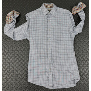 Johnston & Murphy Men’s Tailored Fit Gray Brown Plaid Long Sleeve Shirt Size XS